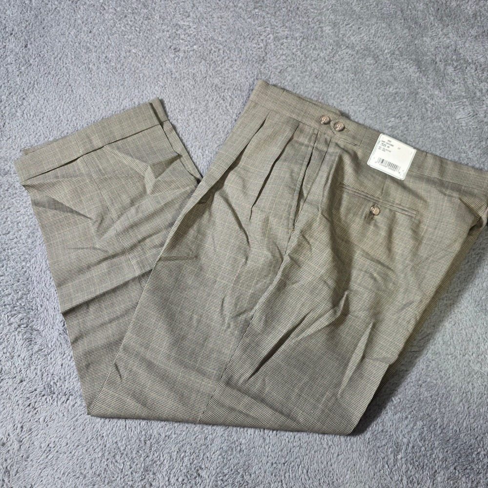 Austin Reed Mens 38x30 Dress Pants Tan Houndstooth Pleated Wool Blend Cuffed NEW